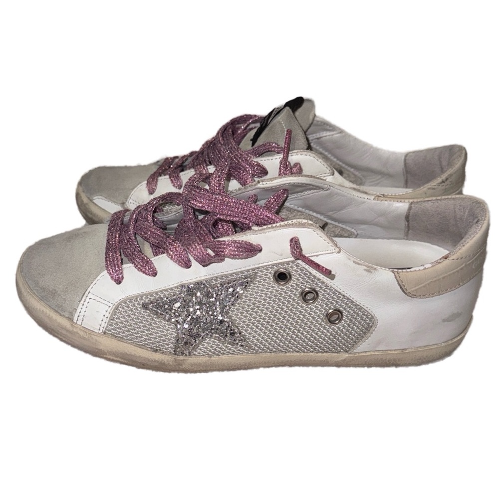 Golden Goose Superstar Sneakers with Glitter Star and Pink Laces